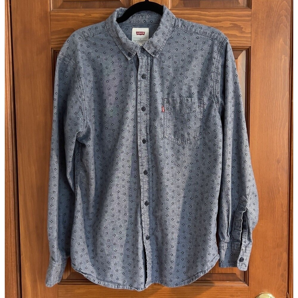 Levi’s Mens Size L Long Sleeve Button Down Shirt Geometric Pattern Blue Chambray